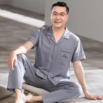 男士純棉短袖長褲中老年爸爸睡衣