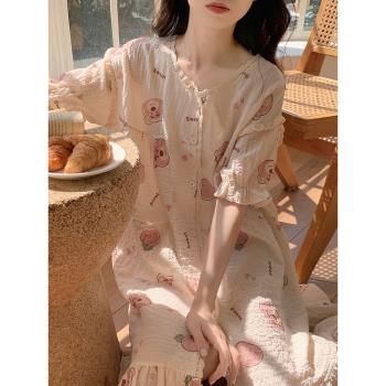 夏季睡衣女款透氣棉紗可愛卡通少女生睡裙甜美高階感家居服連衣裙