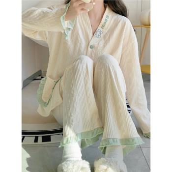 小清新2023年新款睡衣女款純棉提花春秋冬季長袖可外穿家居服套裝