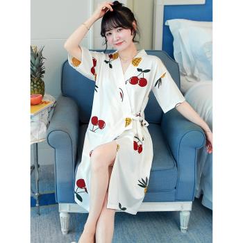 和服式睡袍女中長款可愛睡裙夏季薄款浴袍純棉短袖晨袍家居服睡衣