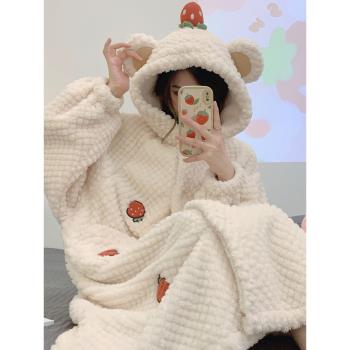 秋冬季新款白色睡衣女加厚珊瑚絨草莓可愛睡袍浴衣保暖長款家居服