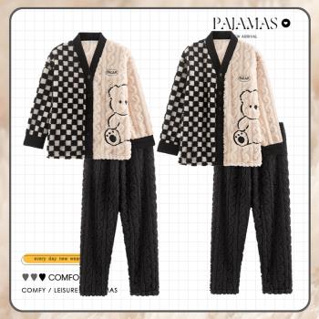 北極絨珊瑚絨情侶睡衣女秋冬季法蘭絨韓版男士加厚加絨家居服套裝