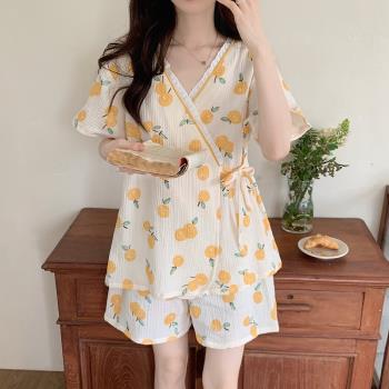 睡衣女夏季純棉短袖褲2022年新款甜美開衫和服寬松學生家居服套裝