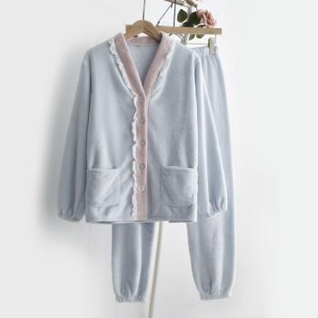 木耳邊蕾絲拼接珊瑚絨睡衣女秋冬季加厚保暖法蘭絨長袖家居服套裝