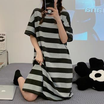 涼感純棉短袖條紋睡裙女士2022年新款夏季薄款寬松韓版家居服睡衣