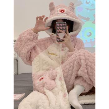 小怪獸加厚珊瑚絨女春秋冬季睡衣