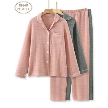 秋冬空氣棉純棉三層夾棉簡約純色格子全棉加厚情侶家居服睡衣女男
