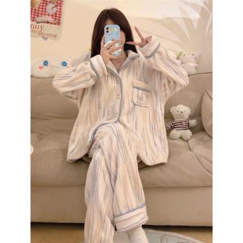 珊瑚絨睡衣女款秋冬季復古風條紋高階感薄絨法蘭絨套裝冬天家居服