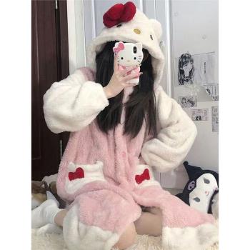 可愛小貓睡衣女秋冬2023年新款美樂蒂睡袍加厚法蘭絨珊瑚絨可外穿
