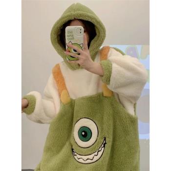 大眼仔連體睡衣女加絨加厚冬季珊瑚絨新款卡通可愛搞怪連帽家居服
