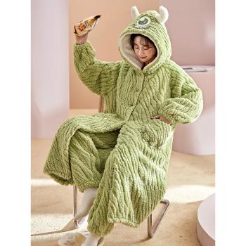 睡衣女士秋冬季款珊瑚絨加絨加厚長款睡袍大眼怪法蘭絨家居服浴袍