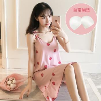 帶胸墊性感睡裙女夏季清新學生吊帶裙韓版短袖純棉睡衣夏天可外穿