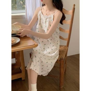 櫻桃碎花小吊帶睡裙女夏季純棉帶胸墊家居服春夏天甜美純欲風睡衣