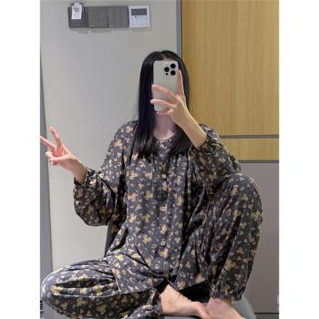 復古中國風長袖睡衣女純棉小碎花家居服寬松大碼胖妹妹200斤套裝