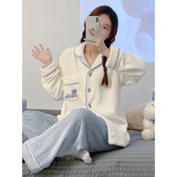 睡衣女生春秋冬季珊瑚絨加厚加絨2023年新款外穿法蘭絨套裝家居服