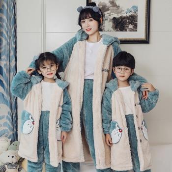 睡衣兒童冬季加厚加絨男童法蘭絨睡袍女連帽珊瑚絨家居服親子套裝