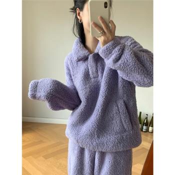珊瑚絨睡衣女款冬季小個子加絨加厚毛絨家居服女套裝冬天外穿春秋