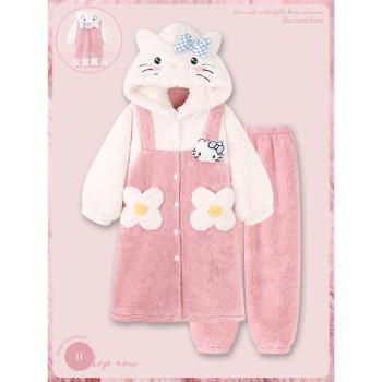 HelloKitty睡衣女秋冬季加厚加絨珊瑚絨睡袍可愛甜美家居服可外穿