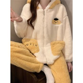 冬款連帽睡衣女秋冬季珊瑚絨加厚學生甜美可愛冬天毛絨家居服套裝