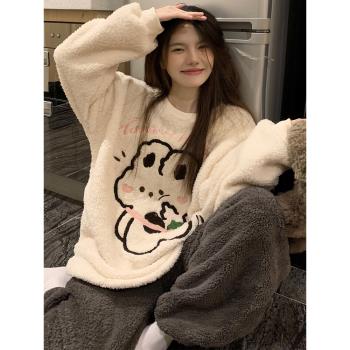 睡衣女款秋冬季珊瑚絨加厚加絨冬天可愛兔子保暖法蘭絨家居服套裝
