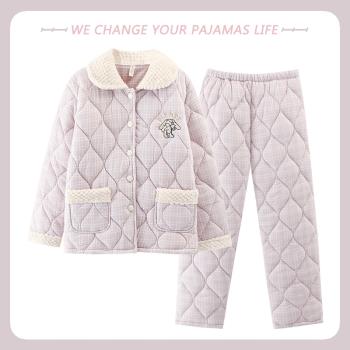 北極絨中年媽媽女士睡衣秋冬季三層加厚純棉夾棉襖保暖家居服套裝