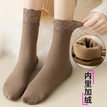 鏤空蕾絲邊德絨襪子女中筒襪秋冬季加絨加厚保暖長款自發熱雪地襪