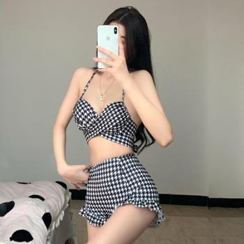 宋智雅同款單身即地獄性感顯瘦遮肚泡溫泉高腰千鳥格泳衣女比基尼