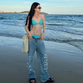 泳衣女2025新款湖藍色比基尼性感小胸三點式甜美可愛沙灘度假溫泉
