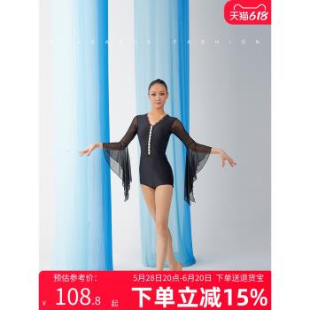 WJJdance國標舞連體上衣女新款V領珍珠條荷葉袖摩登交誼練功服秋