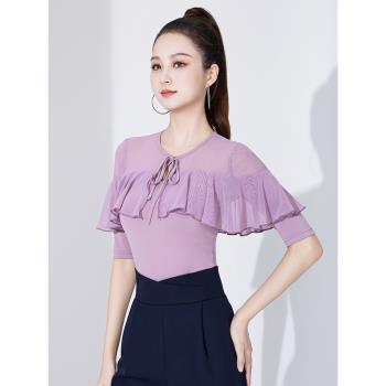 拉丁舞練功服女新款中袖網紗舞蹈服成人國標舞演出服裝摩登舞上衣