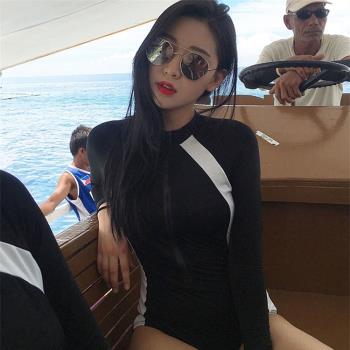 韓國原單潛水服女連體防曬長袖泳衣顯瘦修身速幹沖浪服水母服聚攏