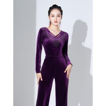 藝尚舞拉丁跳舞服女三步踩帶鉆上衣吉特巴舞絲絨長袖廣場舞衣2239