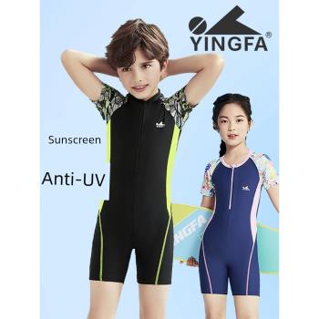 yingfa英發兒童泳衣連體平角短袖防曬男女小童中大童青少年游泳衣