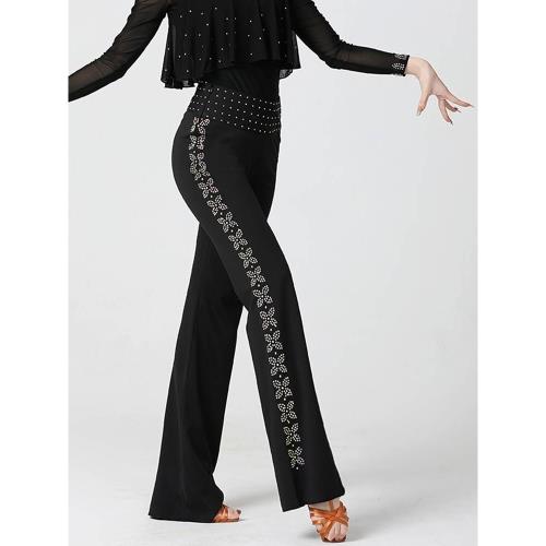 品牌高端拉丁舞褲子新款高腰廣場舞鉆褲摩登舞練功服跳舞闊腿褲吉