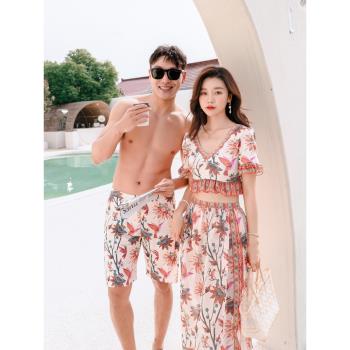 情侶泳衣女性感情侶溫泉2025新款分體比基尼三件套民族風長裙泳裝