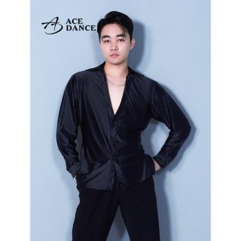 ACEdance成人男拉丁舞上衣亮緞面大V領長袖練功服藝考表演服SY286