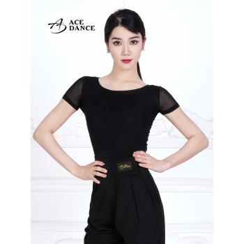 ACE dance拉丁舞女成人舞服錦綸網紗拼接短袖長袖上衣摩登練功服