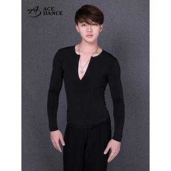 瑰意拉丁舞服裝男士成人上衣新款大V領顯胸肌練功服國標舞表演服