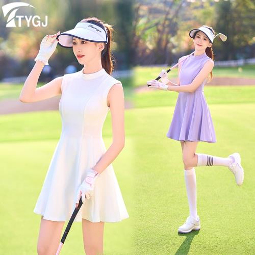 高爾夫球女士連衣裙高圓領無袖A字大裙擺彈力修身顯瘦防走光短裙