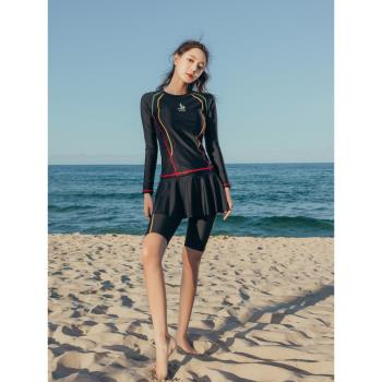 保守速幹分體裙式長袖五分褲三件套遮肚顯瘦防曬泡溫泉女游泳衣服