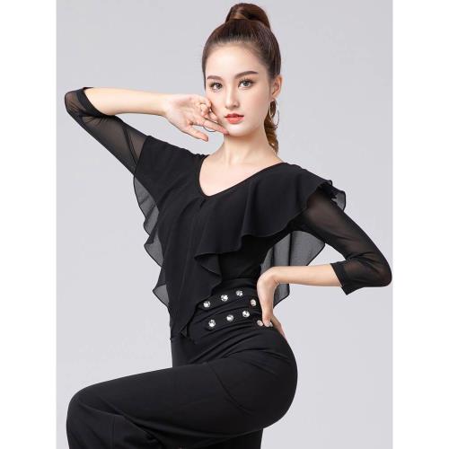 中袖氣質拉丁舞上衣新款國標舞摩登舞成人舞蹈服女黑色網紗美背演