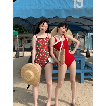 mof彈力商店 溫泉度假連體分體泳衣少女日系椿花美背遮肉保守泳裝