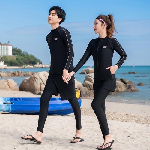 黑色全身分體平角情侶速干長袖長褲防曬女生帶胸墊泳衣速干泳裝