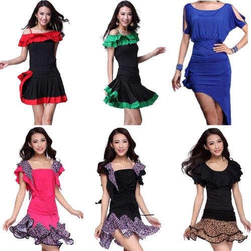 飛魅 拉丁舞裙 新款 廣場舞服裝 一字領單肩荷葉拼色 舞蹈服裝