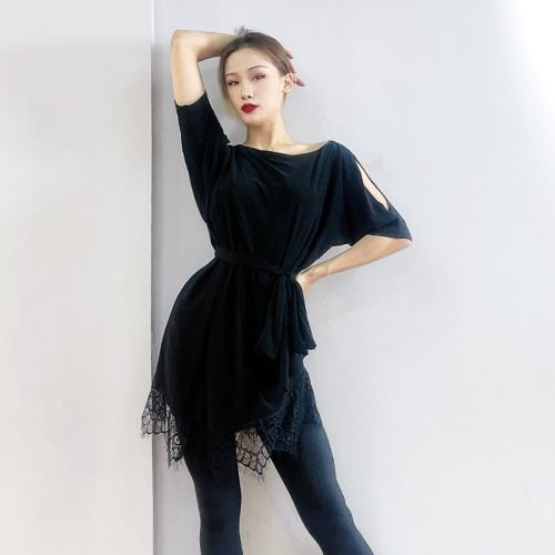 ZS拉丁舞裙寬松側開叉舞蹈練習短袖蕾絲黑色 練功服女連衣裙 L450