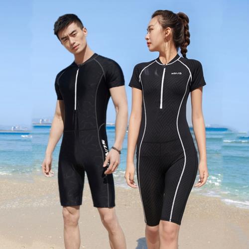 新款情侶游泳衣連體短袖五分褲運動保守訓練沙灘泳裝防曬速干專業