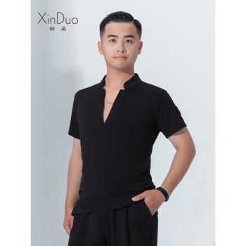 新朵拉丁舞服上衣男士夏季新款短袖練功服專業國標舞交誼舞蹈服裝
