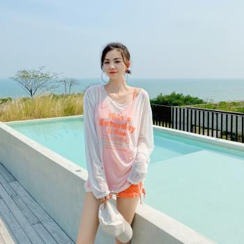 泳衣女保守分體平角長袖罩衫防曬遮肚顯瘦三件套韓國ins度假泳裝