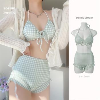 SOPHIE法式復古泳衣女泡溫泉度假高階性感比基尼分體游泳格子清新
