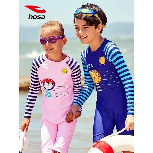 浩沙hosa泳衣兒童女中大童連體長袖速干防曬女孩小童寶寶游泳衣